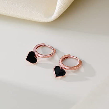 SLUYNZ Solid 925 Sterling Silver Black Heart Hoop Earrings for Women Teens Love Heart Hoop Earrings Huggie - color: C-Rose Gold Plated