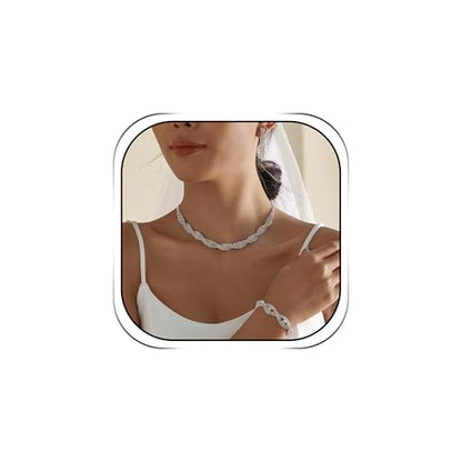 Silver Jewelry Sets for Women Rhinestone Necklace Dangle Earrings Bracelet Set Bridal Wedding Jewelry Sets for Brides Bridemaid Prom Costume Accessories Jewelry - style: Silver Jewelry Set style2