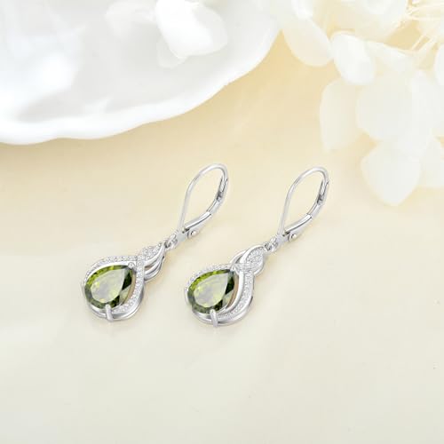 925 Sterling Silver Infinity Teardrop Earrings for Women | Lwsary Dangle Drop Leverback Earrings, Pear Shaped Birthstone Jewelry for Her - color: Olive Green