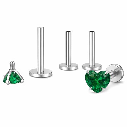 Titanium Heart CZ Labret Stud Earrings for Piercings by Ginger Lyne 6Pc Set G23 Screw Front Flat Back Body Jewelry 2 pair post 6mm, 8mm Cartilage, Helix, Tragus, Lip, Conch, Lobe - color: 5mm-DkGreen