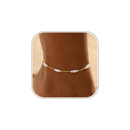 Gold/Silver Ankle Bracelets for Women Waterproof Dainty 14K Gold Plated Pearl Heart Love Anklet Bracelet Satellite Cuban Link Beads Summer Beach Jewelry Gifts - style: 3-Pearl-gold-021