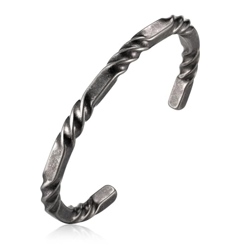 Hisatan Stainless Steel Mens Cuff Bracelet, Minimal Twist Cool Antique Retro/Silver/Black Open Metal Cuff Bangle Bracelets for Men, 65/70mm - color: Grey