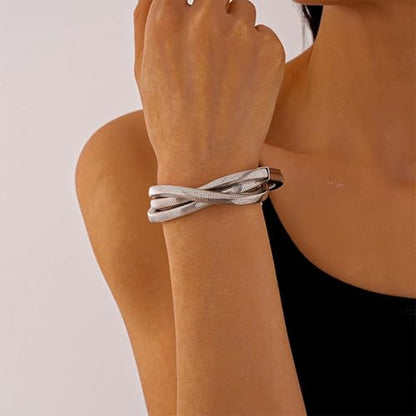 Chunky Gold Bangle Bracelets for Women Trendy Irregular Statement Cuff Bracelets Stack Wide Minimalist 3PCS Bangle Set Jewelry - style: T-Silver B