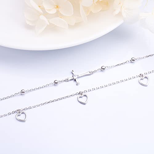 Flyow Anklet for Women S925 Sterling Silver Adjustable Foot Beaded Heart Charm Ankle Bracelet Anklets Jewelry - style: cross and heart
