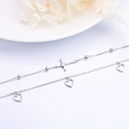 Flyow Anklet for Women S925 Sterling Silver Adjustable Foot Beaded Heart Charm Ankle Bracelet Anklets Jewelry - style: cross and heart