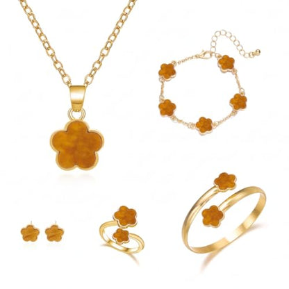 Clover Jewelry Set for Women Non Tarnish Gold-Tone Five Leaf Clover Necklace, Earrings, Ring, Bracelet Fashion Simple Floral Jewelry Set - color: Brown