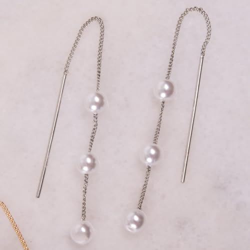 Threader Pearl Earrings for Women - Long Dangle with Simulated Pearls | Plated in Gold Tone or Silver Tone - color: Multi Simulated Pearl - Silver Tone