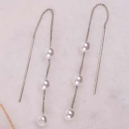 Threader Pearl Earrings for Women - Long Dangle with Simulated Pearls | Plated in Gold Tone or Silver Tone - color: Multi Simulated Pearl - Silver Tone