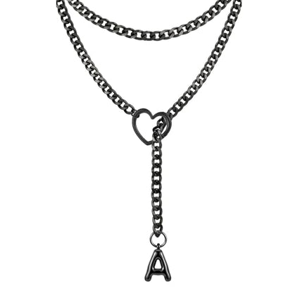 Black Heart Slip Chain Initial Necklaces for Women, Stainless Steel Wrap Choker Necklace, Gothic O-Ring Adjustable Lariat Y Necklaces, Punk Cuban Collar Choker Necklace, Halloween Jewelry Gift - color: Black A
