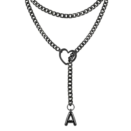 Black Heart Slip Chain Initial Necklaces for Women, Stainless Steel Wrap Choker Necklace, Gothic O-Ring Adjustable Lariat Y Necklaces, Punk Cuban Collar Choker Necklace, Halloween Jewelry Gift - color: Black A