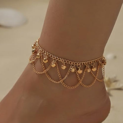 Ankle Bracelets for Women Gold Anklet Set Boho Vacation Gift | Gold anklet set for women 5 styles with matching gift pouch.Boho adjustable non-tarnish jewelry.Perfect present idea. - color: Goldbell