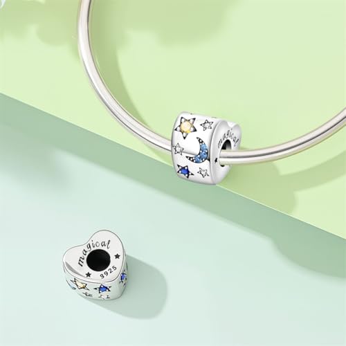 LIGHTDOG 925 Sterling Silve Charms fits Pandora Bracelets Necklace,5A Zircon Dangle Pendant Bead,Mother's Day Gift Jewelry Beads for Women - style: Star and Moon Love Beads