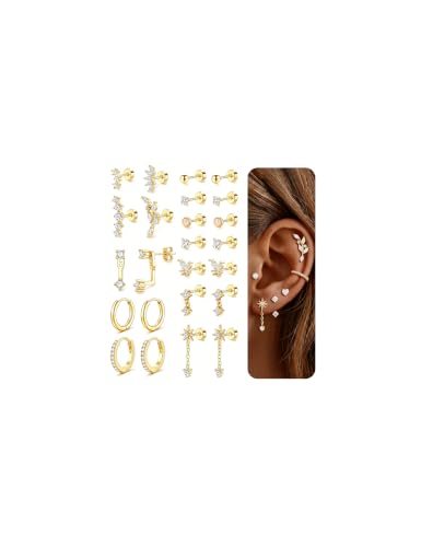 Turandoss 24Pcs Flat Back Earring Stacks, 316L Surgical Steel Earrings | Hypoallergenic Earrings for Sensitive Ears, Small Dainty Earrings Set, Helix Tragus Conch Daith Piercing Jewelry - color: 14K Gold Plated