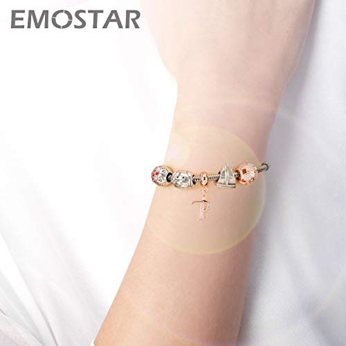 EMOSTAR Letter Charms Initial A-Z Alphabet Beads, Rose Gold 925 Sterling Silver Dangle CZ Birthstone Pendant, Gifts for European Charm Bracelet/Mothers Day/Birthday - color: Letter P