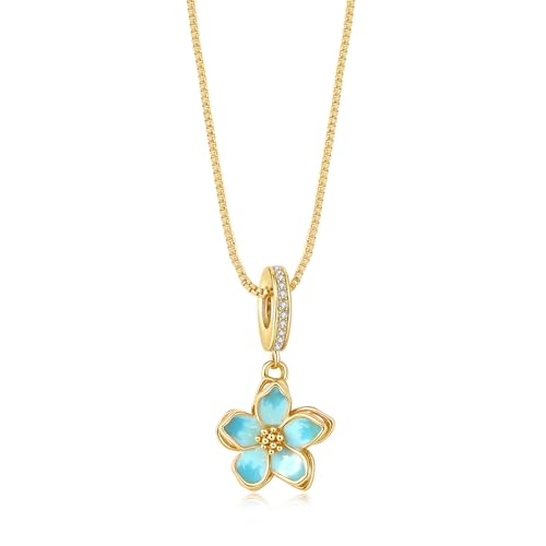 925 Sterling Silver Dainty Necklaces for Women Pendant Jewelry Gift for Her | Hypoallergenic Ocean Animal Love Cherry Blossom Jewelry, Ideal Valentine Birthday Christmas Graduation Gift for Wife Mom - color: Gold-Tone Aqua Cherry Blossom
