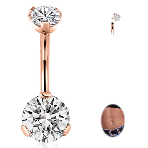 FUNLMO 14G Belly Button Ring Titanium Belly Button Piercing Belly Ring Internally Threaded Navel Piercing Jewelry - color: Rose gold-Clear CZ