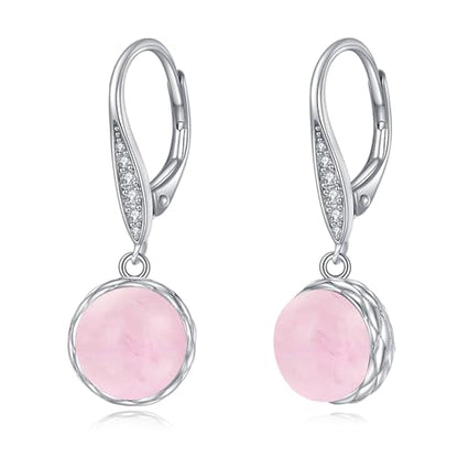 925 Sterling Silver 8mm Pearl Dangle Drop Earrings Moonstone Larimar Opal Rose Quartz Black Pearl Leverback Earrings for Women Christmas Gifts for Her - style: Rose Quartz Earrings