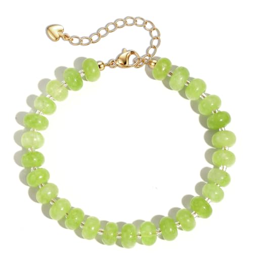 colorful Natural Stone Beaded Bracelets for Women, Boho Handmade Gemstone Bracelet, Stackable Summer Beach Jewelry - color: Light Green