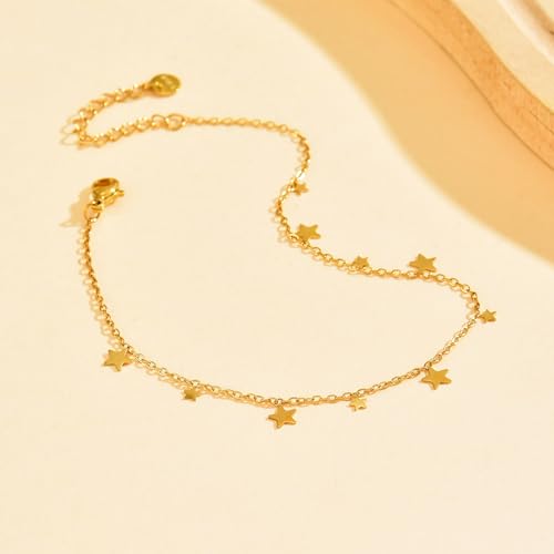 18K Gold Plated Ankle Bracelets for Women Stainless Steel Anklet with Star Cross Disc Coin Teardrop Charms Waterproof Thin Chain Ankle Jewelry Gift for Her - style: Star-Gold