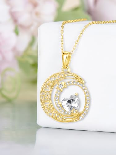 Midari 18K Yellow Gold Sun Moon Star Pendant Rose Flower Necklaces I Love You Forever Sun Moon Jewelry Gift for Mother Women - color: 04-Apri-White, style: Moon&Star