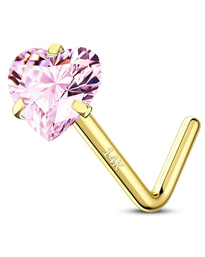 14K Real Gold Nose Studs 20G Nose Rings Studs L Shaped Nose Rings for Women Men Diamond CZ Nose Piercing - color: Yellow Gold-Heart PKCZ