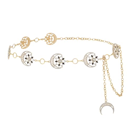 Rhinestone Moon Chain Belt Sparkly Star Waist Chain Adjustable Body Jewley for Women Dress Belt Accessory - style: Gold moon star B
