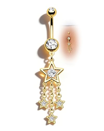 Dangle Belly Button Rings 14G Star Dangly Belly Navel Rings for Women Silver Belly Piercing Jewelry Dangling Stainless Steel - color: Gold