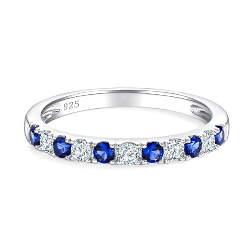 Bezel Set Birthstone Wedding Band 14K Gold Sterling Silver Stackable Half Eternity Band Rings 2.5mm Wide Ruby/Amethyst/Sapphire/Emerald Green/Aquamarine Ring for Women, Send Gift Box - style: 09-Created Sapphire & CZ