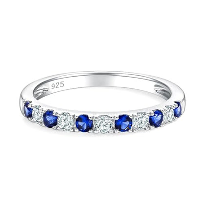 Bezel Set Birthstone Wedding Band 14K Gold Sterling Silver Stackable Half Eternity Band Rings 2.5mm Wide Ruby/Amethyst/Sapphire/Emerald Green/Aquamarine Ring for Women, Send Gift Box - style: 09-Created Sapphire & CZ