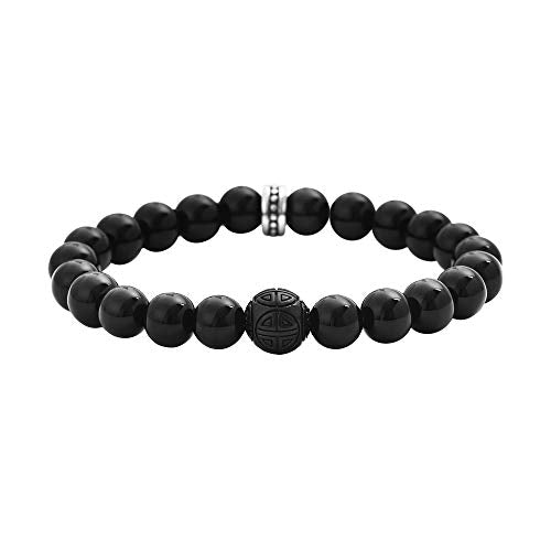 Geoffrey Beene Natural Stone Elastic 9mm Beaded Bracelet with Black Good Fortune Piece - color: Black Onyx