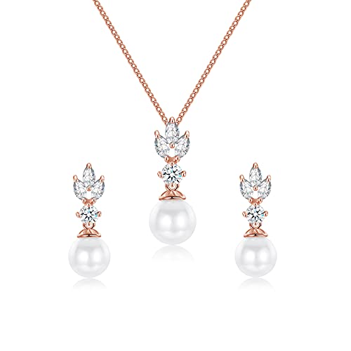 Wedding Jewelry for Bride Bridesmaid, Pearl Dangle Earrings and Pendant Necklace Set Bridal Jewelry for Promise Wedding Party - color: 4.3#rose gold-Necklace/Earrings