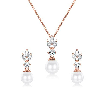 Wedding Jewelry for Bride Bridesmaid, Pearl Dangle Earrings and Pendant Necklace Set Bridal Jewelry for Promise Wedding Party - color: 4.3#rose gold-Necklace/Earrings
