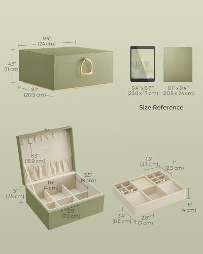 SONGMICS 2-Layer Jewelry Box, Jewelry Organizer with Handle, Removable Jewelry Tray, Jewelry Storage, Floating Effect, 8.1 x 9.4 x 4.3 Inches, Gift Idea, Sage Green UJBC165C02 - color: Sage Green