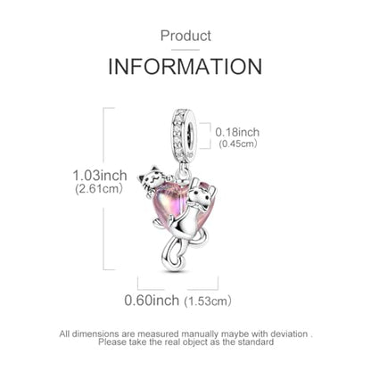 Hapour 925 Sterling Silver Charms for Bracelet Necklace Dangle Pendant Bead | Bear Charm, Elephant Zebra Cat Dream catcher Family Birthday European Jewelry Charm, For Women Mom - color: Two Cats around Heart