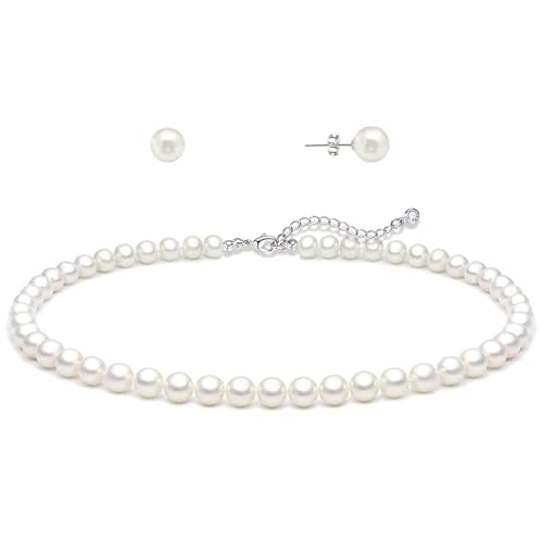 HERIER Gold Jewelry Set for Women - Dainty 14K Gold/Silver Plated Pearl Choker Necklace, Drop Earrings & Bracelets - Wedding Trendy Pearl Jewelry Gift - color: Pearl Necklace+Earrings-Silver