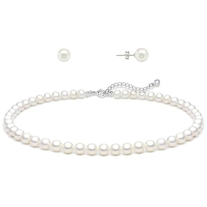 HERIER Gold Jewelry Set for Women - Dainty 14K Gold/Silver Plated Pearl Choker Necklace, Drop Earrings & Bracelets - Wedding Trendy Pearl Jewelry Gift - color: Pearl Necklace+Earrings-Silver