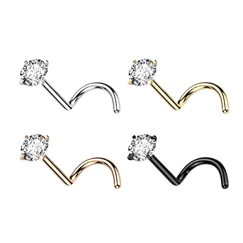 Satix 4-11PCS 18G 20G Implant Grade Titanium Nose Screw Rings Prong Settings 2mm CZ Nose Screw Studs Ring Nostril Piercing Jewelry For Women - style: 20 Gauge - 4PCS