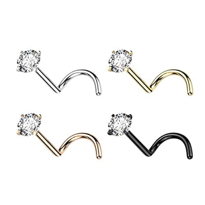 Satix 4-11PCS 18G 20G Implant Grade Titanium Nose Screw Rings Prong Settings 2mm CZ Nose Screw Studs Ring Nostril Piercing Jewelry For Women - style: 20 Gauge - 4PCS