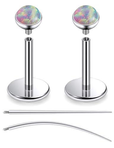 F136 Titanium 20/18/16G Internally Threaded Flat Back Multicolor Opal Stud Earrings Nose Rings Lip Labret Medusa Monroe Piercing Jewelry with Taper for Women Men - color: Pink, size: 20g*6mm*2mm