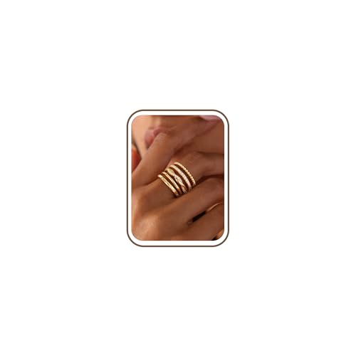 Turandoss Gold Stackable Rings Set for Women Non Tarnish | 14K Gold Plated, Trendy CZ Stackable Engagement Rings Stack, Thin Thumb Wedding Bands Ring Set, Size 6 7 8 9, 5PCS - color: 14K Gold-Plated