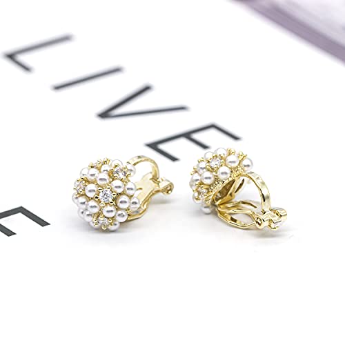 YOQUCOL Simulated Pearl Flower-Cluster Shape Clip On Stud Earrings Non Pierced Ear Earrings for Women - color: B