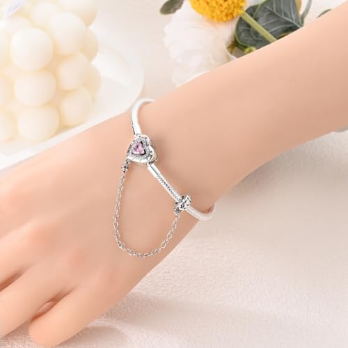 MULA 925 Sterling Silver Snake Chain Charm Bracelet Butterfly Heart Clover with 5A Cubic Zirconia Bracelets for Women - color: Pink Heart