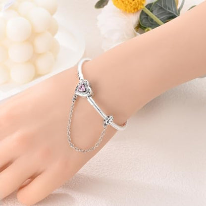 MULA 925 Sterling Silver Snake Chain Charm Bracelet Butterfly Heart Clover with 5A Cubic Zirconia Bracelets for Women - color: Pink Heart