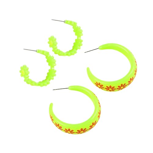 2Pairs Y2k Round Chunky Hoop Earrings Set Matte Acrylic Daisy Large Retro Neon Circle Earring 80s 90s Halloween Multicolor Loops for Women Summer Party Jewelry 80s Outfit Accessorie - color: Yellow