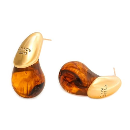 18k Gold Plated Teardrop Earrings, sterling silver post chunky resin and copper drop stud earrings, Hypoallergenic Earrings Jewelry Gift - color: Tan