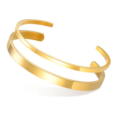 Stainless Steel Mens Cuff Bracelet : Minimal Cool Silver/Black/Gold Plated Open Metal Cuff Bangle Bracelets for Men,Mens Bracelet Jewelry Gift - color: Gold Plated-2-Pack, size: Medium( fit 5.5"-7.2" wrist)