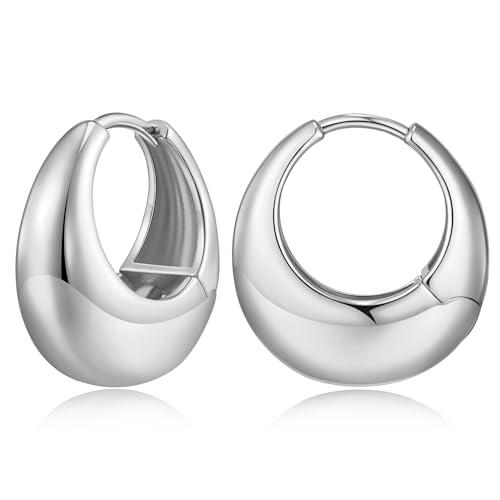 Chunky Hoop Earrings for Women 14K Gold Plated Small Huggie Hoops Lightweight Hypoallergenic Jewelry Gift - style: Simple Hoop-silver tone