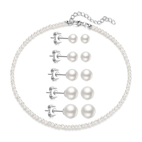 D.Bella Pearl Necklace Stud Earrings Set for Women Dainty Round Imitation Pearl Choker Necklace for Wedding -5Pairs Hypoallergenic Earrings Delicate Jewelry - color: A-Silver