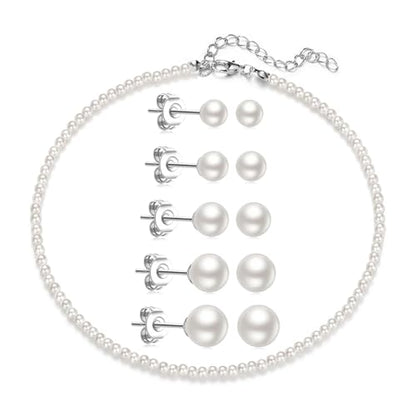 D.Bella Pearl Necklace Stud Earrings Set for Women Dainty Round Imitation Pearl Choker Necklace for Wedding -5Pairs Hypoallergenic Earrings Delicate Jewelry - color: A-Silver
