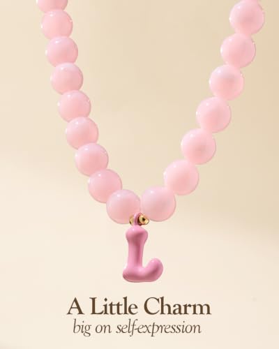 DoDoBeads Chunky Colorful Beaded Initial Necklace, Bubble Letter Choker | Gift box and dust pouch included; waterproof and sweat-resistant with real gold plated stainless steel hardware - color: Pink-L
